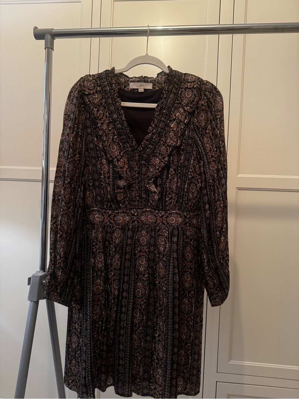 LOFT Black Paisley Ruffle V-Neck Long Sleeve Dress